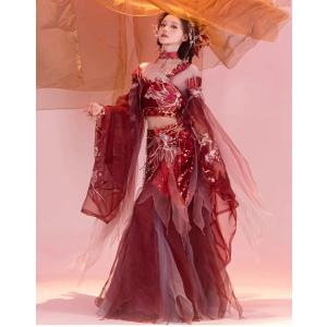 敦煌異国風漢服 中華風 3点/4点セット 赤金系 チャイナ服 華やかな刺繍 仮装 コスプレ服 人魚姫風 チョーカー追加可 コスプレ へそ出し セクシー 古典ダンス 舞