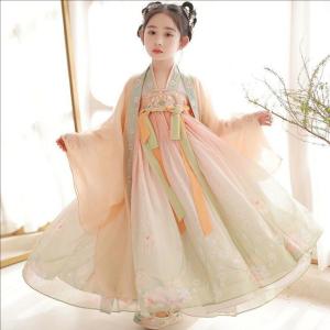 子供漢服衣装 子供唐装 キッズ漢服 中華古代服 刺繍柄 シーフォンワンピース 女の子 舞台衣装 ステージ衣装 団体服 中華服 グラデーション チャイナ服 中華風