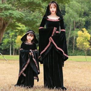 宮廷風 レトロ 黒ワンピース フード付き ロング丈ドレス 長袖 フレア袖 魔女風 中世風 吸血鬼風 親子 レディース 女性 女の子 キッズ ハロウィン衣装 鬼姫 子供