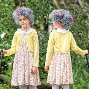 3点セット お婆ちゃんコスプレ衣装 女の子 子供用 小花柄 ワンピースセット 小物追加可 メガネ 白髪ウィグ おばあちゃんコスチューム コスプレ衣装 コスチュー