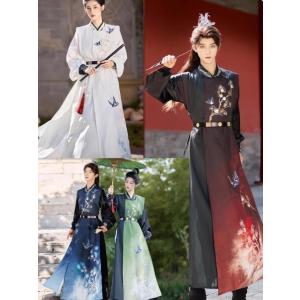 チャイナ服 大人 ユニセックス 男女兼用 漢服 ベルト付き3点セット グラデーション 長袖 交差襟ブ...
