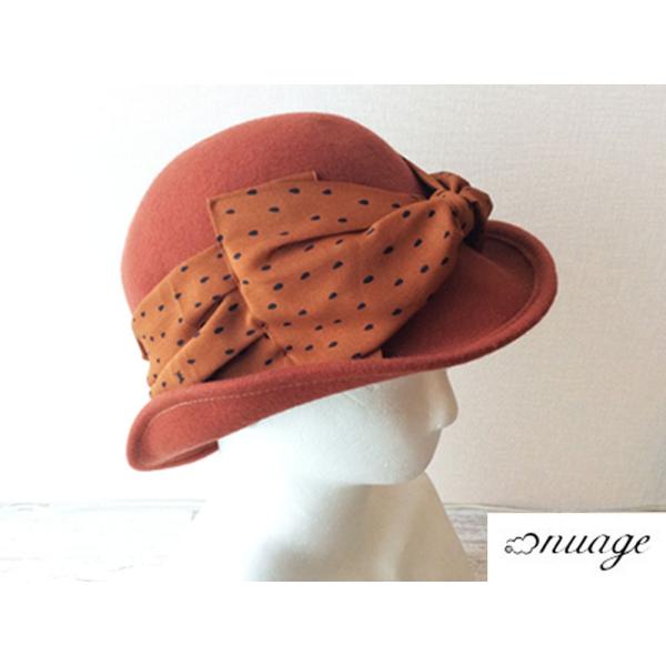 送料無料 ニュアージュ nuage フェルトハット ブラウン BIGリボン ドット柄 フレンチカジュ...