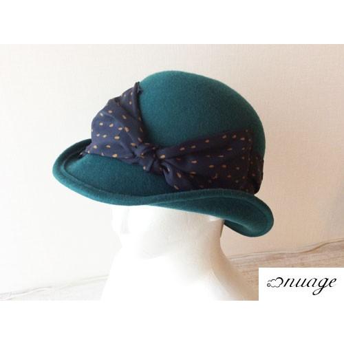送料無料 ニュアージュ nuage フェルトハット グリーン BIGリボン ドット柄 フレンチカジュ...