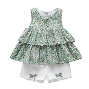 えみり 子供服 女の子 シャツ ショートパンツ 2点セット ガールズ セットアップ コットン スカート風 プリーツ 葉柄 ノースリーブ 可愛