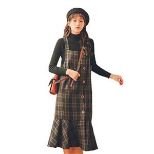 チェック柄 サロペットスカートフリル ロング丈 ワンピース ジャンパースカート ゆったり 秋冬 ヴィンテージ ボタン付き カジュ