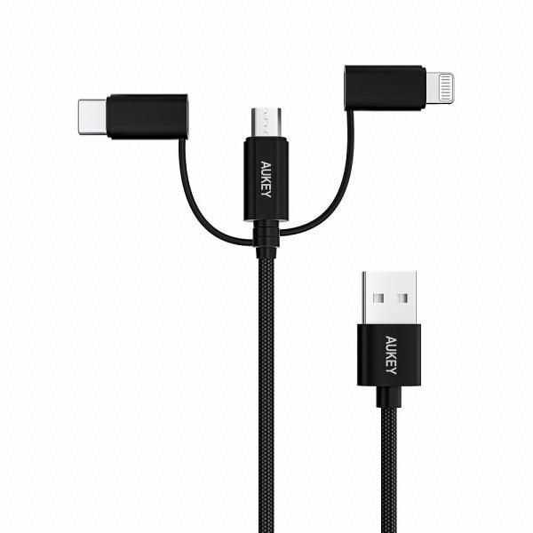 AUKEY 3-in-1充電ケーブル MicroUSB/ USB-C/ Lightning 1m C...