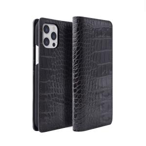 ABBI SIGNATURE iPhone 13 Pro用 クロコダイル イタリアン 手帳型レザーケース ABS21814I13PBK