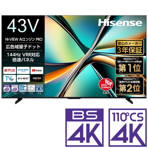 (標準設置無料 設置Aエリアのみ) ハイセンス 43V型 量子ドット液晶テレビ［BS・CS 4Kチュ...