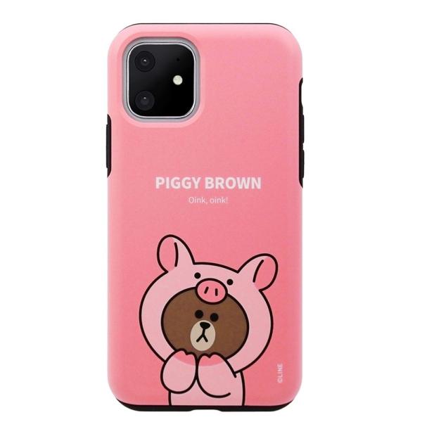 LINE FRIENDS iPhone 11用 ハイブリッドケース JUNGLE BROWN DUA...