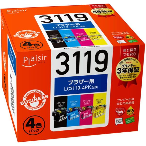 プレジール ［ブラザー LC3119-4PK 互換］インクカートリッジ 大容量タイプ(4色パック) ...