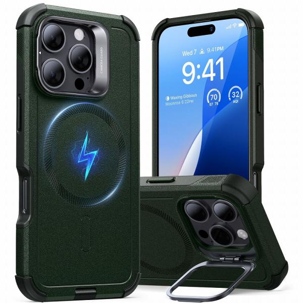 ESR iPhone 16 Pro用 MagSafe対応 Cyberタフケース隠れスタンド付きケース...