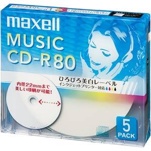 マクセル 音楽用CD-R80分5枚パック maxell 音楽用CD-R ひろびろ美白レーベルディスク CDRA80WP.5S 返品種別A｜joshin