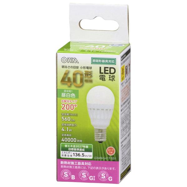 オーム LED電球 小形電球形 560lm(昼白色相当) OHM(06-4475) LDA4N-G-...