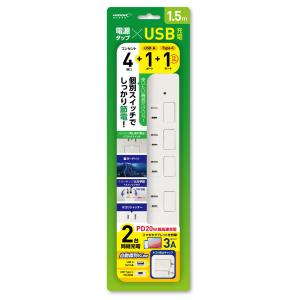 HIDISC 個別スイッチでしっかり節電 HIDISC 電源タップxUSB充電 HDTAC4CA20WH