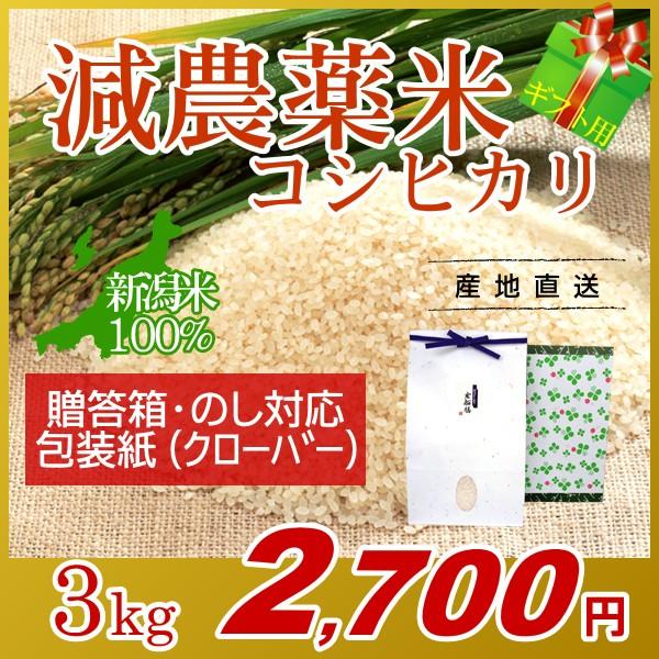 【ギフト用・農薬低減米コシヒカリ「愛情米」 3kg】包装紙：クローバー のし対応 贈答箱入り[母の日...