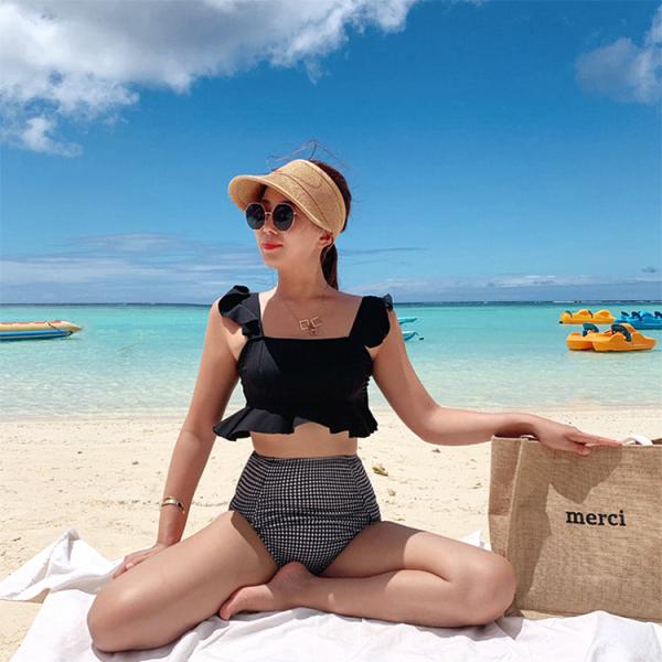 水着 レディース ビキニ 体系カバー かわいい セパレート フリル ハイウエスト お腹カバー 黒 チ...