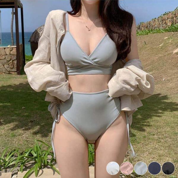ビキニ レディース 韓国 水着 ハイウエスト ギャザー 無地 シンプル セパレート さわやか ガーリ...