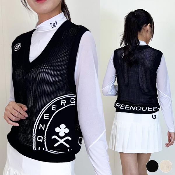 ゴルフウェア ベスト レディース 韓国 Ｖネック 夏 春 秋 メッシュ 涼しい 白 黒 春夏 トップ...