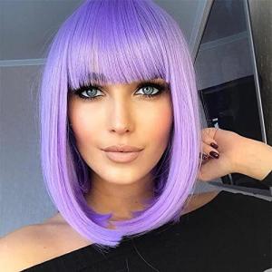 AISI BEAUTY Purple Wig with Bangs Short Straight Bob Wigs for Women 12 Inch｜joyfullab