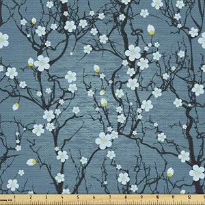 Lunarable Floral Fabric by The Yard, Sakura Tree Branches Pale Japanese Che