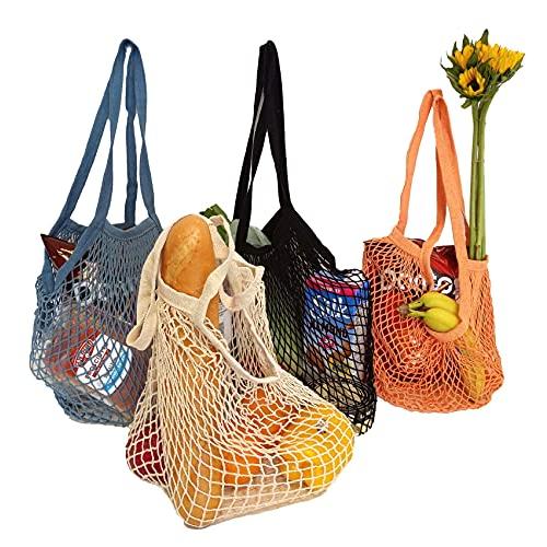 再利用可能なロングハンドル 食料品バッグ フルーツと野菜のショルダーバッグ 洗濯可能なコットンメッシ...