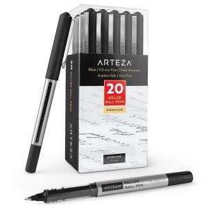 Arteza ローラーボールペン 20本パック バレットジャーナル用0.5mm 黒 リキッドインクペン ライティング メモ スケッチに最適な極細ローラ
