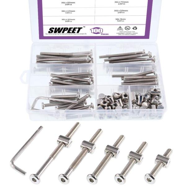 Swpeet 100個入り ベビーベッドハードウェアねじ、ニッケルメッキ M6×40/50/60/7...
