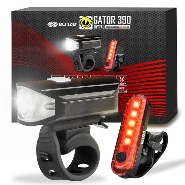 BLITZU Gator 390 USB充電式LED自転車ライトセット、自転車用ヘッドライトフロント...