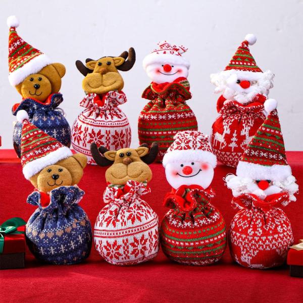 再利用可能なクリスマスニット人形ギフトバッグ 黄麻布 サンタギフトバッグ 巾着付き サンタクロース ...