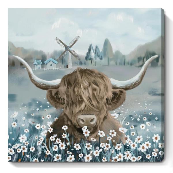 Highland Cow バスルーム 壁アート 素朴な農家の絵 白いデイジーの花の茂みのかわいい牛 ...