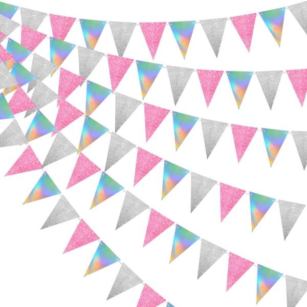 虹色 パーティーデコレーション 3パック 玉虫色 三角形 ペナントバナー フラッグ シルバー ピンク...