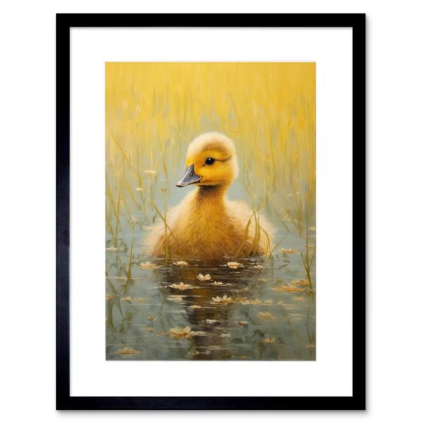 Cute Yellow Ducking in Countryside Pond Oil Painti...