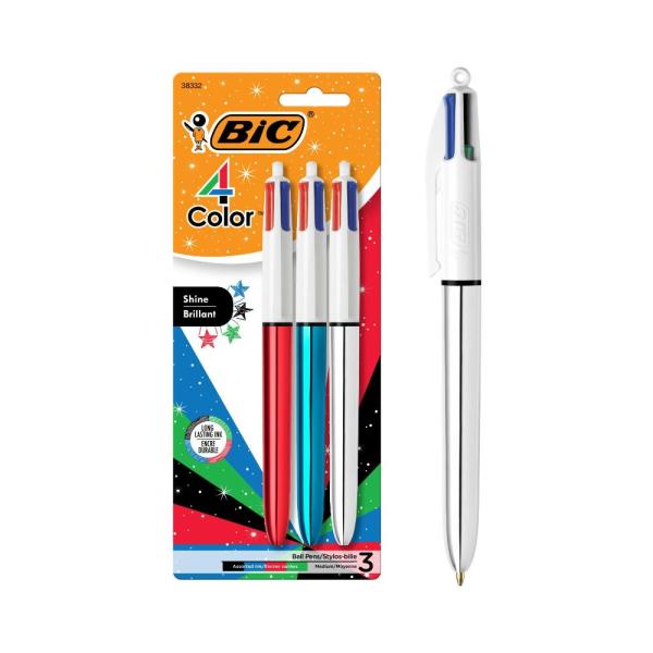 BIC 4色シャインボールペン ミディアムポイント (1.0mm) メタリックレッド、ブルー、シルバ...