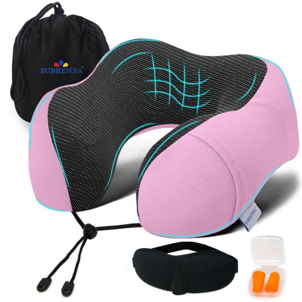 Subrenna Pink 100%メモリーフォームトラベルピロー 飛行機用枕 アイマスクと耳栓付き...