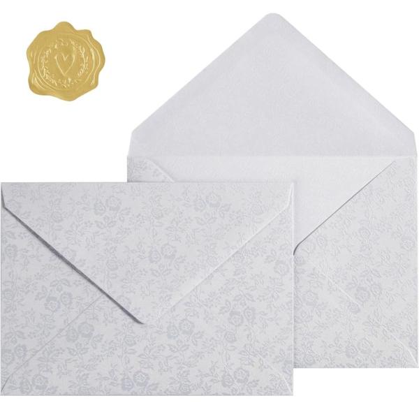 A7封筒 50枚 5x7インチ カード封筒 つる 花柄 Vフラップ 高級郵送用封筒 ゴールドステッカ...