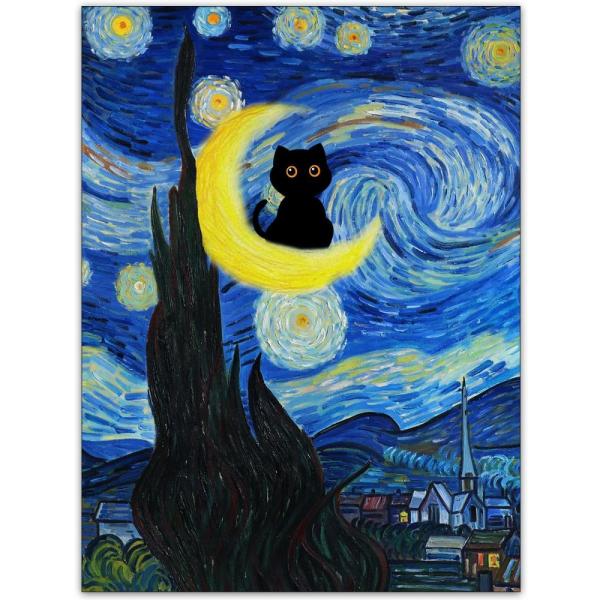 CAXIYSH 星月夜 黒猫 キャンバス ウォールアート かわいい 面白い 猫 ポスター 有名な印象...