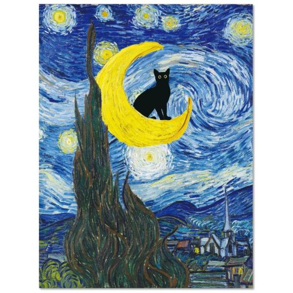 MINI ZOZI 黒猫絵画 ゴッホ ヴィンテージ 有名アート 12x16インチ 猫と一緒に星月夜 ...