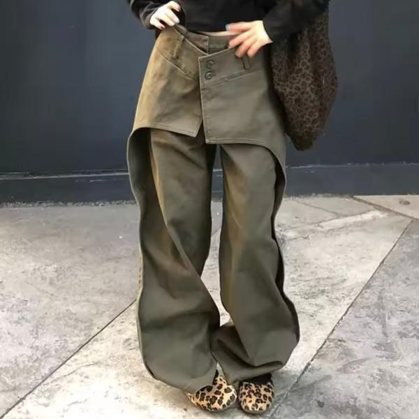 レイヤード 重ね着風 ワーク パンツ カーキ 変形 アシメ 韓国 ストリート モード系 Y2K ダン...