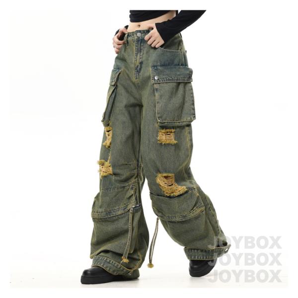 カーゴ デニム パンツ ジーンズ ポケット ダメージ 韓国 ストリート系 ダンス 衣装 グランジ Y...