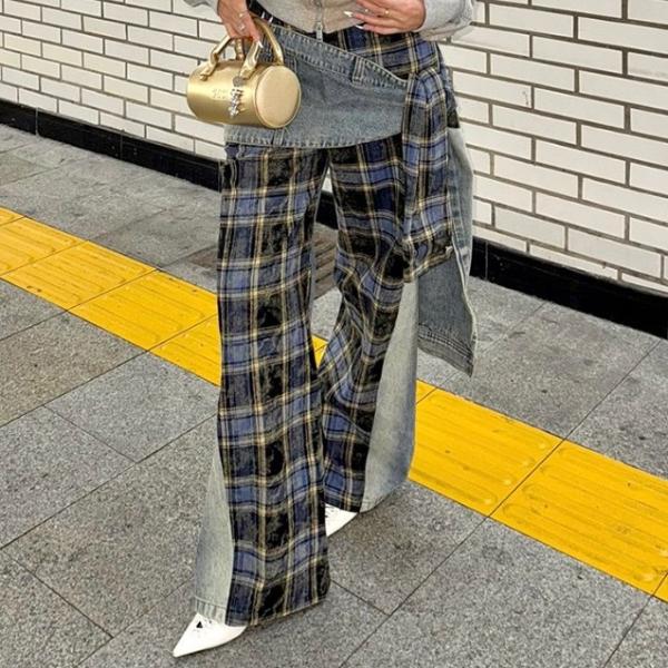 リメイク風 デニム パンツ ジーンズ 重ね着 チェック柄 韓国 ストリート系 ダンス 衣装 Y2K ...