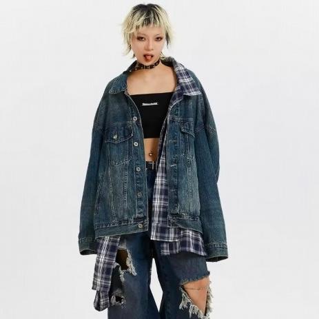 リメイク風 デニム ジャケット チェックシャツ 重ね着風 韓国 ストリート系 ダンス 衣装 Y2Kフ...