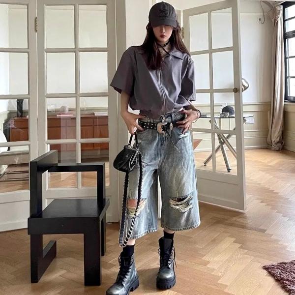 デニム ハーフ パンツ クロップド 半端丈 ダメージ 韓国 ストリート系 ダンス 衣装 Y2K グラ...