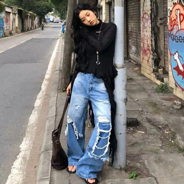 リメイク風 デニム パンツ ドッキング ダメージ ジーンズ 韓国 ストリート系 ダンス 衣装 K-P...