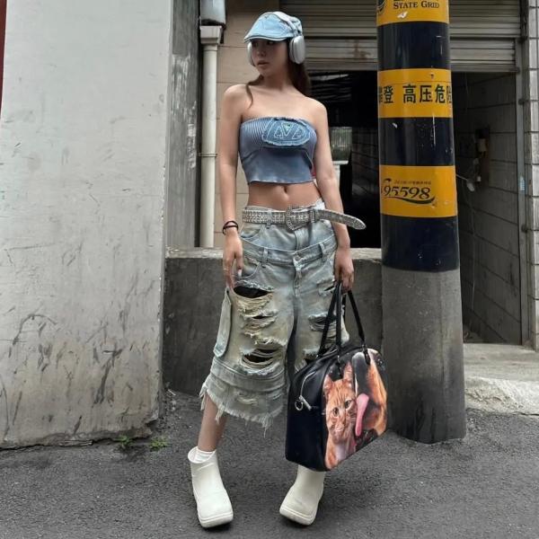 デニム ハーフ パンツ ダブル ウエスト ダメージ 半端丈 クロップド 韓国 ストリート系 Y2K ...