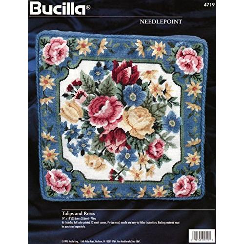 Bucilla ニードルポイントキット チューリップとバラ ブルー枕 #4719 1996