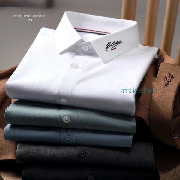 白シャツ ワイシャツ ドレスシャツ メンズ 長袖 ワンポイント 刺しゅう入り ノーアイロン 形態安定...