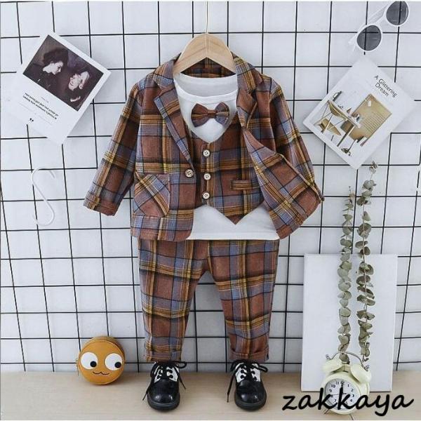 チェック柄 キッズ ベビースーツ 男の子スーツ おしゃれ 紳士風 上下セット 結婚式 カジュアル 入...