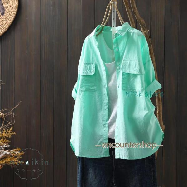 シャツ レディーストップス 半袖 夏服 羽織り 前開き ボタン 綿シャツ 薄手 カジュアルシャツ 白...