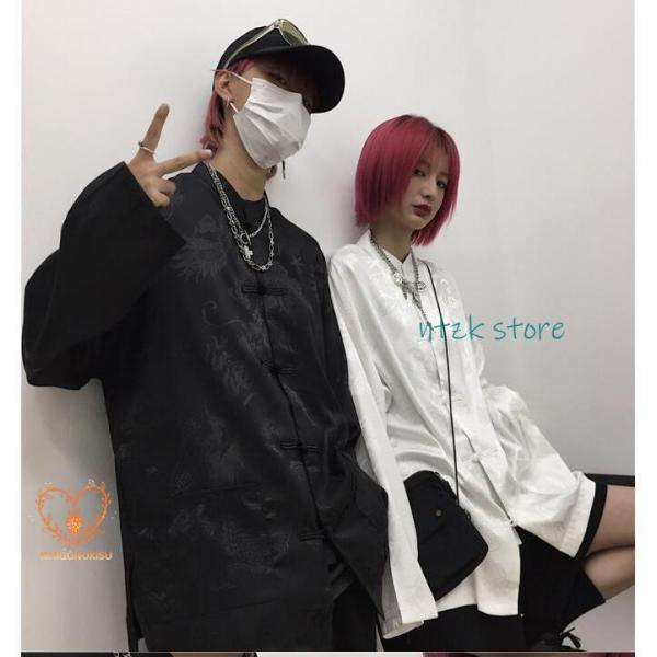 ドラゴン チャイナ サテン 韓国 シャツ 長袖 龍刺繍 シャツ チャイナ服 トップス 上着 薄手 半...