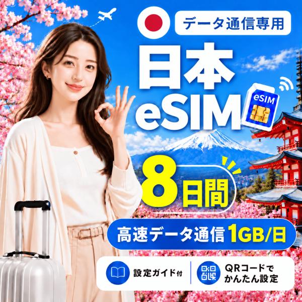 【即日発行】日本 eSIM 8日間 1GB/日 高速データ通信 電話番号なし 即日発行 日本人スタッ...